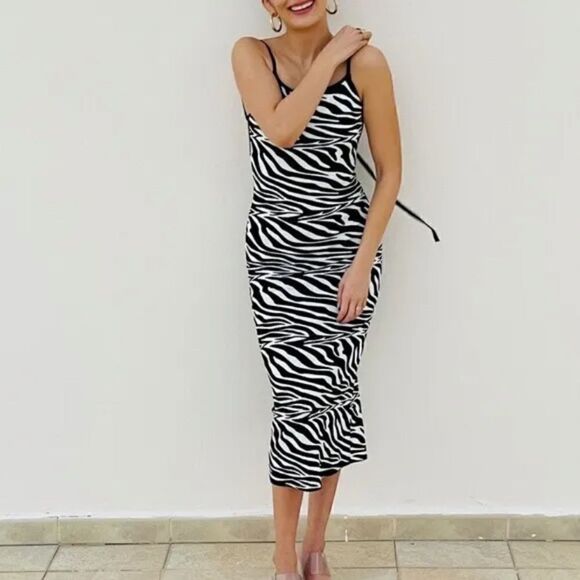 Zara Jacquard Knit Maxi Black White Dress Animal Zebra Print Backless Size M - Picture 4 of 12